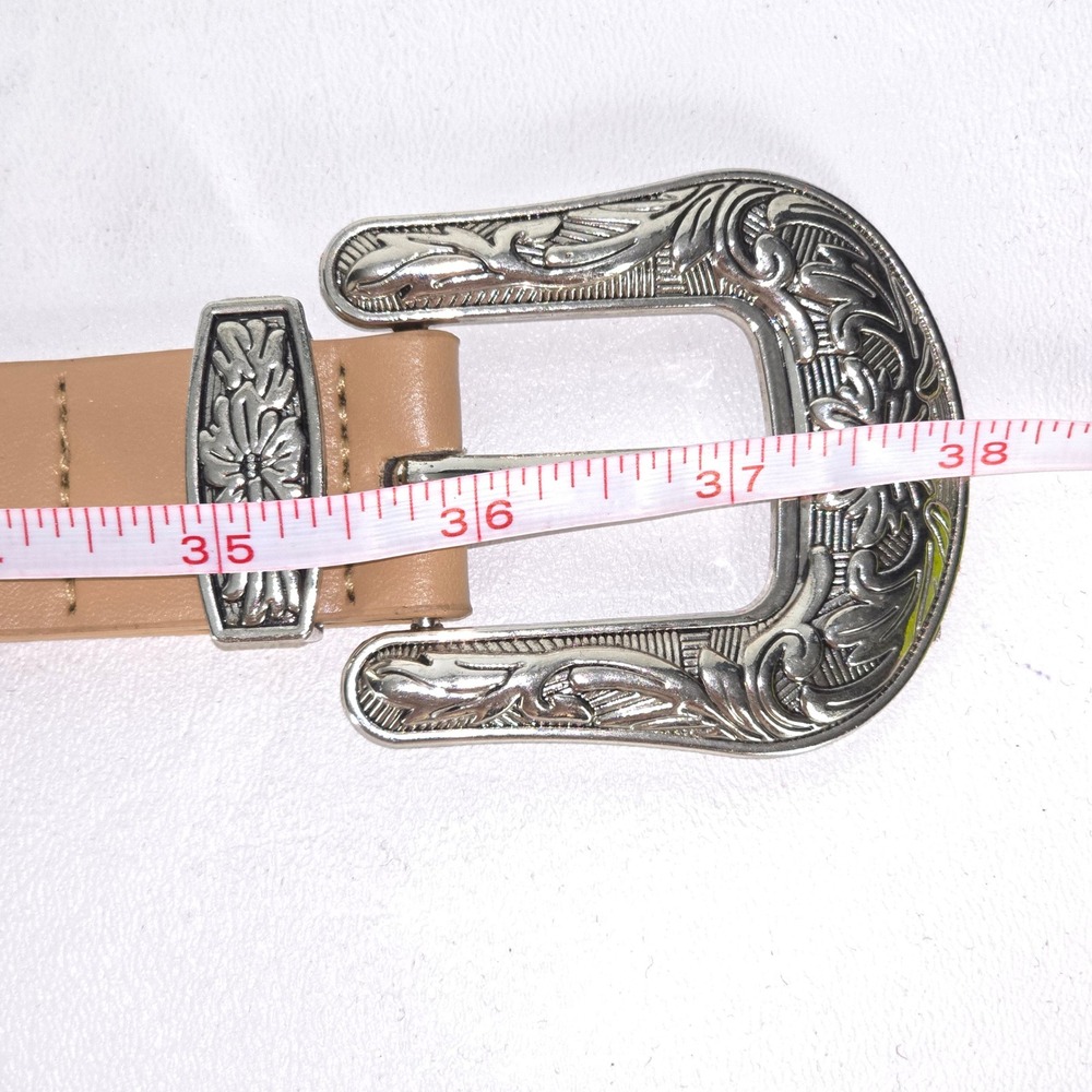 Western Belt Silver Floral Buckle Women's 36" Tan Studded Leather Cowgirl Style - Picture 4 of 8